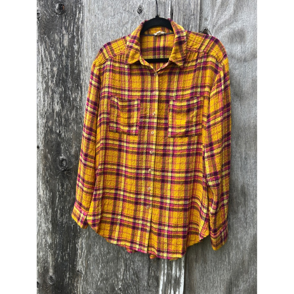 Pilcro Yellow Purple Plaid Button Down Shirt Textured Long Sleeve Soft Academia